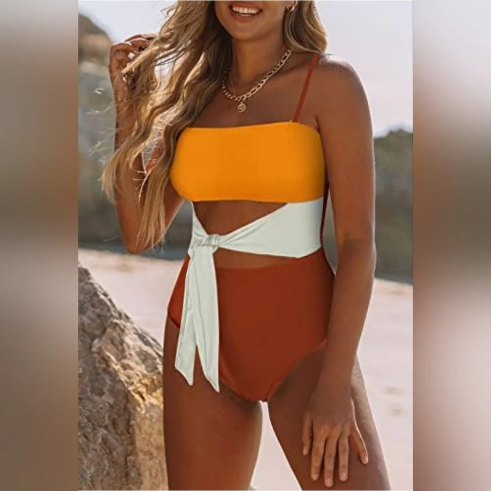 Viottiset Women's Bandeau One Piece Swimsuit Strapless Tie High Cut Out Bathing